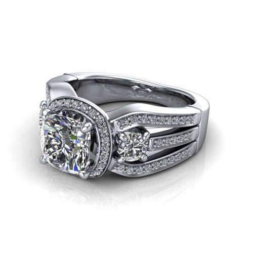 Luciana cushion halo engagement ring in 18K White Gold, three-quarter perspective showing the cushion center diamond in a pave halo with round side accents and a split pave band