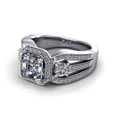 Luciana square emerald halo engagement ring in Platinum, three-quarter perspective showing the square emerald center diamond in a pave halo with round side accents and a split pave band