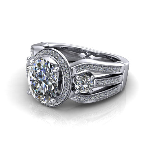 Luciana oval halo engagement ring in 14K White Gold, three-quarter perspective showing the oval center diamond in a pave halo with round side accents and a split pave band