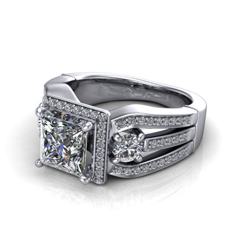 Luciana princess halo engagement ring in 14K White Gold, three-quarter perspective showing the princess center diamond in a pave halo with round side accents and a split pave band
