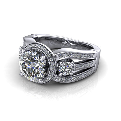 Luciana round halo engagement ring in Platinum, three-quarter perspective showing the round center diamond in a pave halo with round side accents and a split pave band