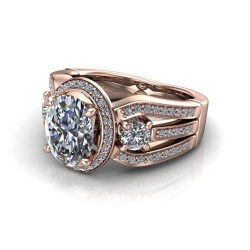 Luciana oval halo engagement ring in 18K Rose Gold, three-quarter perspective showing the oval center diamond in a pave halo with round side accents and a split pave band