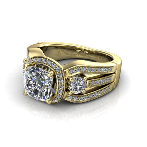 Luciana cushion halo engagement ring in 14K Yellow Gold, three-quarter perspective showing the cushion center diamond in a pave halo with round side accents and a split pave band
