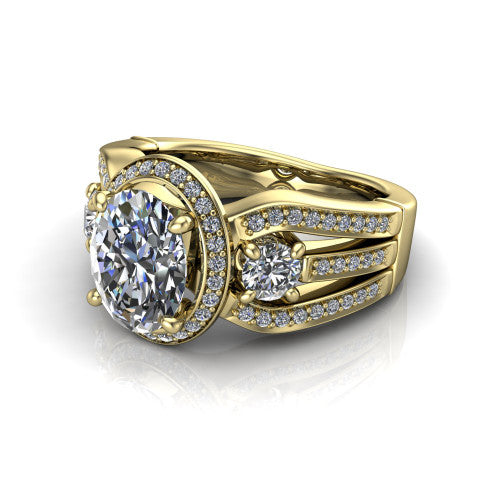 Luciana oval halo engagement ring in 14K Yellow Gold, three-quarter perspective showing the oval center diamond in a pave halo with round side accents and a split pave band