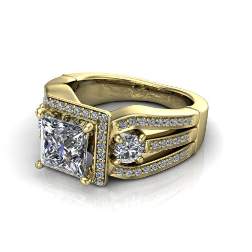 Luciana princess halo engagement ring in 14K Yellow Gold, three-quarter perspective showing the princess center diamond in a pave halo with round side accents and a split pave band