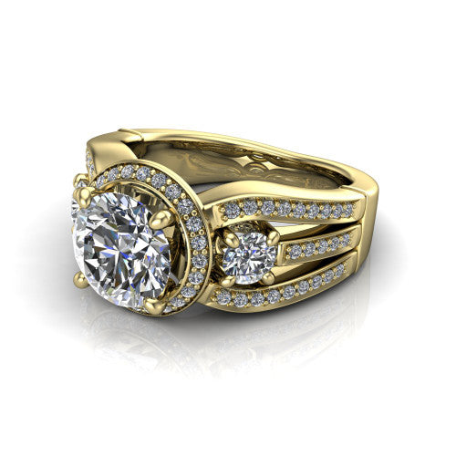 Luciana round halo engagement ring in 18K Yellow Gold, three-quarter perspective showing the round center diamond in a pave halo with round side accents and a split pave band