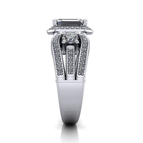 Luciana emerald halo engagement ring in Platinum, side profile showing the side accents and split pave band