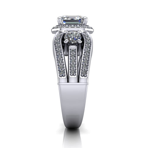 Luciana square emerald halo engagement ring in 18K White Gold, side profile showing the side accents and split pave band