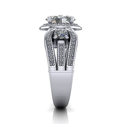 Luciana oval halo engagement ring in Platinum, side profile showing the side accents and split pave band