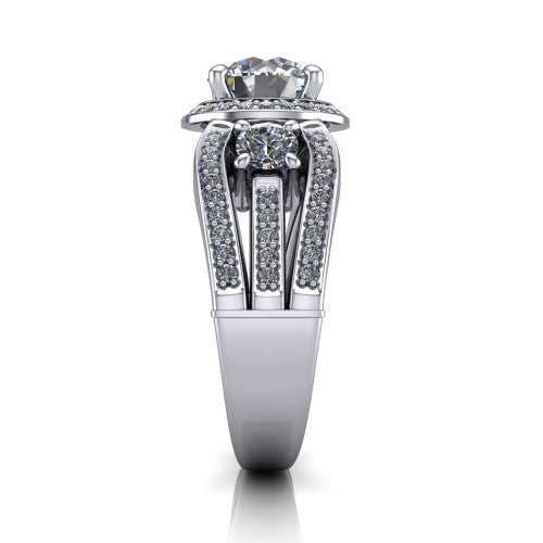 Luciana round halo engagement ring in 14K White Gold, side profile showing the side accents and split pave band