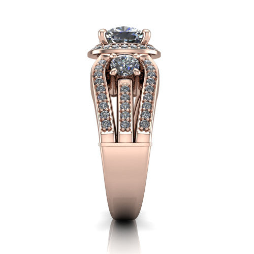 Luciana cushion halo engagement ring in 14K Rose Gold, side profile showing the side accents and split pave band