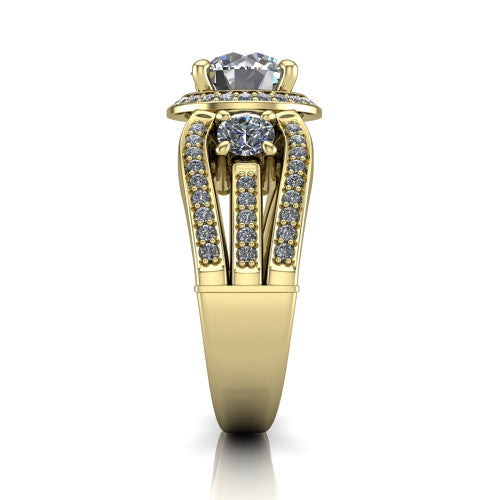 Luciana round halo engagement ring in 14K Yellow Gold, side profile showing the side accents and split pave band