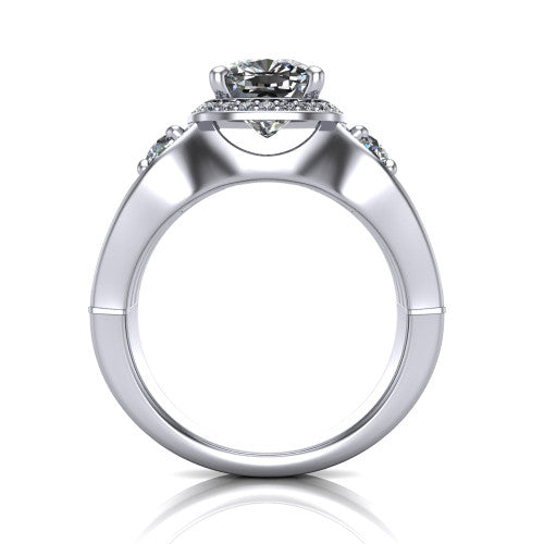 Luciana cushion halo engagement ring in 18K White Gold, through-finger front profile showing the triple-row split pave band