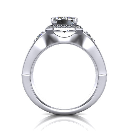 Luciana emerald halo engagement ring in 14K White Gold, through-finger front profile showing the triple-row split pave band