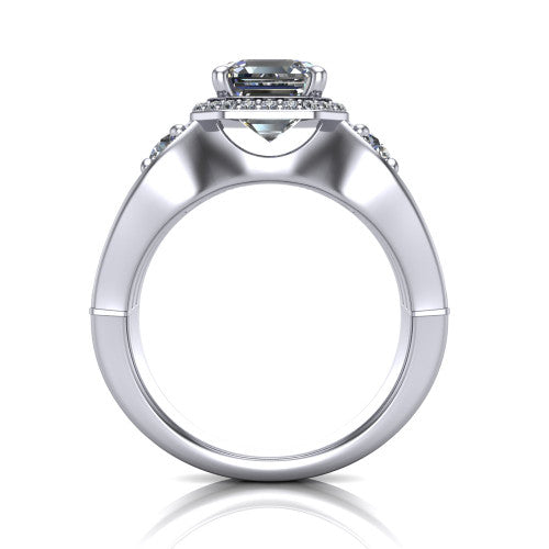 Luciana square emerald halo engagement ring in Platinum, through-finger front profile showing the triple-row split pave band