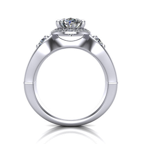 Luciana oval halo engagement ring in 14K White Gold, through-finger front profile showing the triple-row split pave band