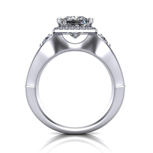 Luciana princess halo engagement ring in Platinum, through-finger front profile showing the triple-row split pave band