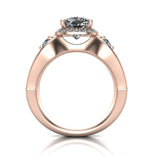Luciana cushion halo engagement ring in 18K Rose Gold, through-finger front profile showing the triple-row split pave band