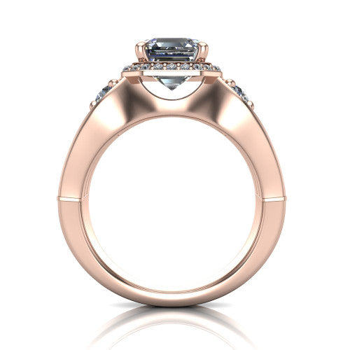 Luciana square emerald halo engagement ring in 18K Rose Gold, through-finger front profile showing the triple-row split pave band