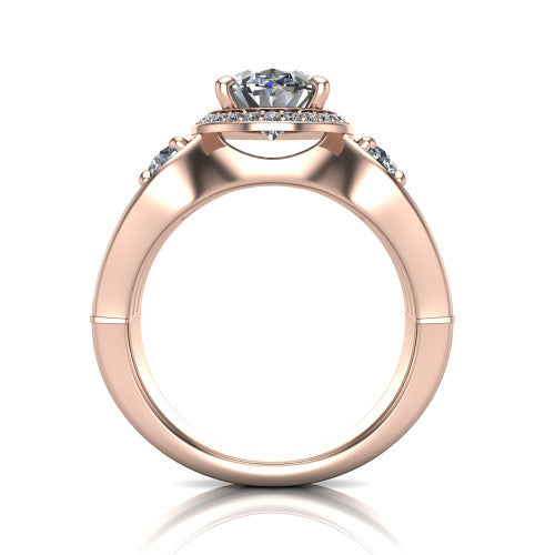 Luciana oval halo engagement ring in 14K Rose Gold, through-finger front profile showing the triple-row split pave band