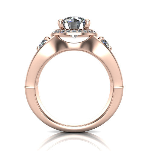 Luciana round halo engagement ring in 18K Rose Gold, through-finger front profile showing the triple-row split pave band