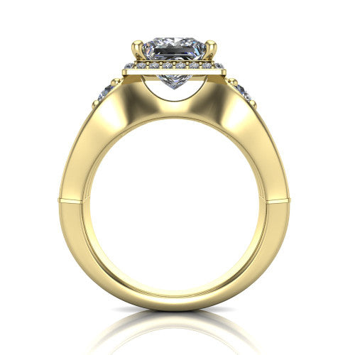 Luciana princess halo engagement ring in 18K Yellow Gold, through-finger front profile showing the triple-row split pave band
