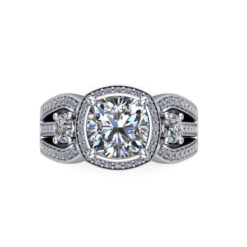 Luciana cushion halo engagement ring in Platinum, top-down view showing the cushion center diamond framed by a pave halo and round side stones