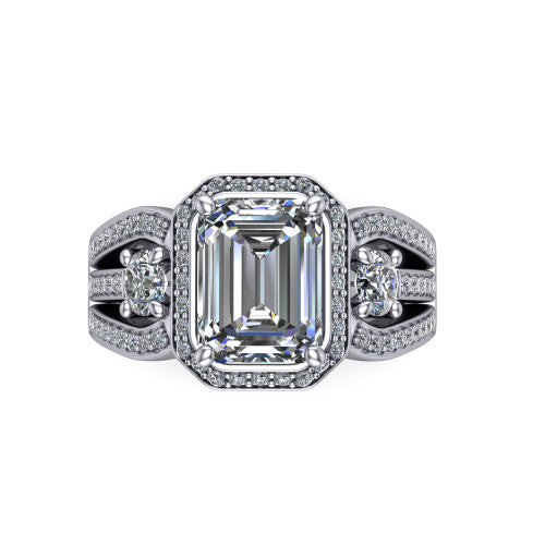 Luciana emerald halo engagement ring in 14K White Gold, top-down view showing the emerald center diamond framed by a pave halo and round side stones