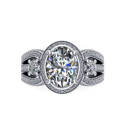 Luciana oval halo engagement ring in 18K White Gold, top-down view showing the oval center diamond framed by a pave halo and round side stones