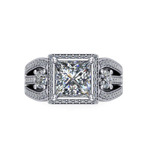 Luciana princess halo engagement ring in Platinum, top-down view showing the princess center diamond framed by a pave halo and round side stones