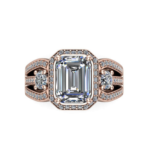 Luciana emerald halo engagement ring in 14K Rose Gold, top-down view showing the emerald center diamond framed by a pave halo and round side stones