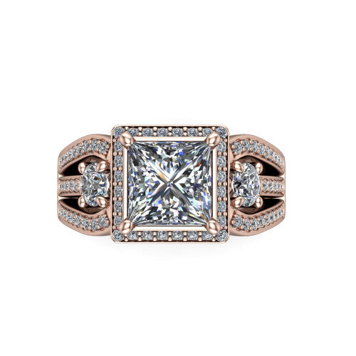 Luciana princess halo engagement ring in 14K Rose Gold, top-down view showing the princess center diamond framed by a pave halo and round side stones