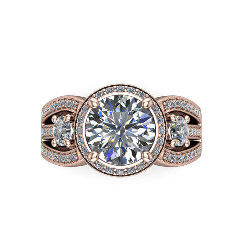 Luciana round halo engagement ring in 14K Rose Gold, top-down view showing the round center diamond framed by a pave halo and round side stones