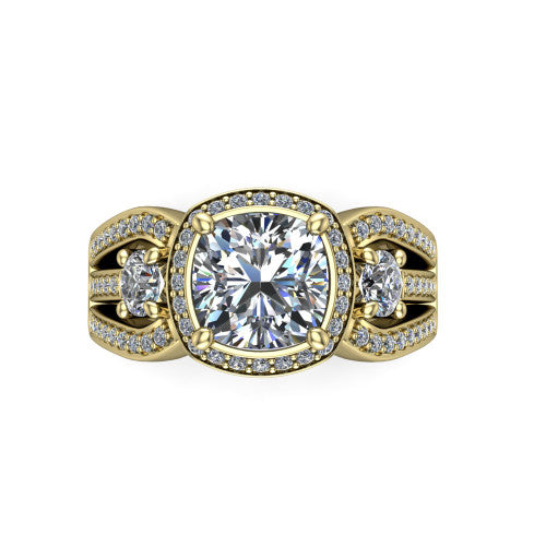 Luciana cushion halo engagement ring in 18K Yellow Gold, top-down view showing the cushion center diamond framed by a pave halo and round side stones