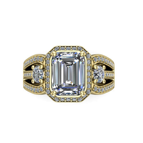 Luciana emerald halo engagement ring in 14K Yellow Gold, top-down view showing the emerald center diamond framed by a pave halo and round side stones