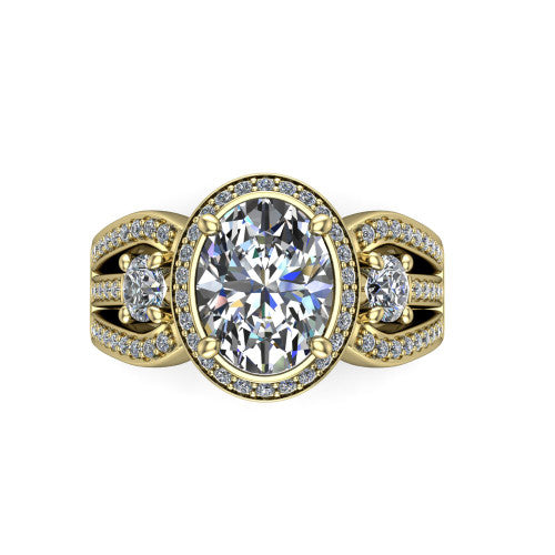Luciana oval halo engagement ring in 18K Yellow Gold, top-down view showing the oval center diamond framed by a pave halo and round side stones