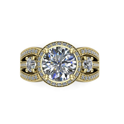 Luciana round halo engagement ring in 18K Yellow Gold, top-down view showing the round center diamond framed by a pave halo and round side stones