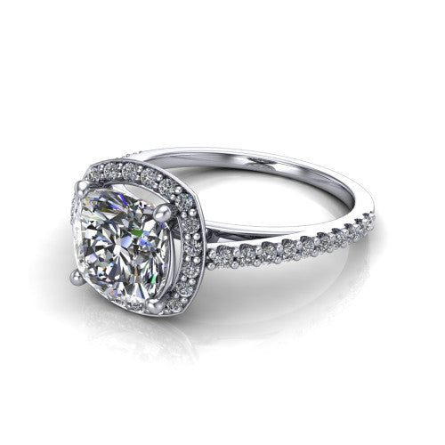 Oaklyn cushion halo engagement ring in 18K White Gold, three-quarter perspective showing the brilliant cushion-cut center diamond inside a pave halo on pave-set shoulders rising into a cathedral basket