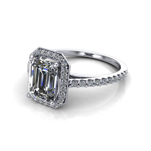 Oaklyn emerald halo engagement ring in 14K White Gold, three-quarter perspective showing the step-cut emerald center diamond inside a pave halo on pave-set shoulders rising into a cathedral basket