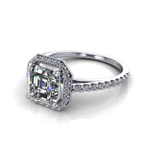 Oaklyn square emerald halo engagement ring in 14K White Gold, three-quarter perspective showing the step-cut square emerald center diamond inside a pave halo on pave-set shoulders rising into a cathedral basket