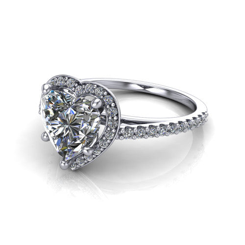 Oaklyn heart halo engagement ring in Platinum, three-quarter perspective showing the brilliant heart-shaped center diamond inside a pave halo on pave-set shoulders rising into a cathedral basket