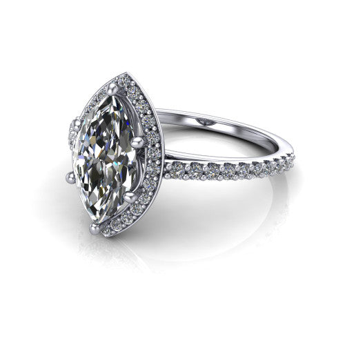 Oaklyn marquise halo engagement ring in 18K White Gold, three-quarter perspective showing the brilliant marquise center diamond inside a pave halo on pave-set shoulders rising into a cathedral basket