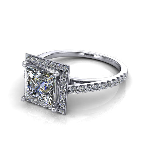 Oaklyn princess halo engagement ring in Platinum, three-quarter perspective showing the brilliant princess-cut center diamond inside a pave halo on pave-set shoulders rising into a cathedral basket