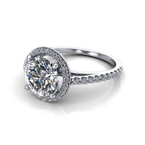 Oaklyn round halo engagement ring in 18K White Gold, three-quarter perspective showing the brilliant round center diamond inside a pave halo on pave-set shoulders rising into a cathedral basket