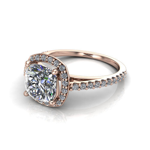 Oaklyn cushion halo engagement ring in 18K Rose Gold, three-quarter perspective showing the brilliant cushion-cut center diamond inside a pave halo on pave-set shoulders rising into a cathedral basket