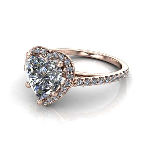 Oaklyn heart halo engagement ring in 18K Rose Gold, three-quarter perspective showing the brilliant heart-shaped center diamond inside a pave halo on pave-set shoulders rising into a cathedral basket