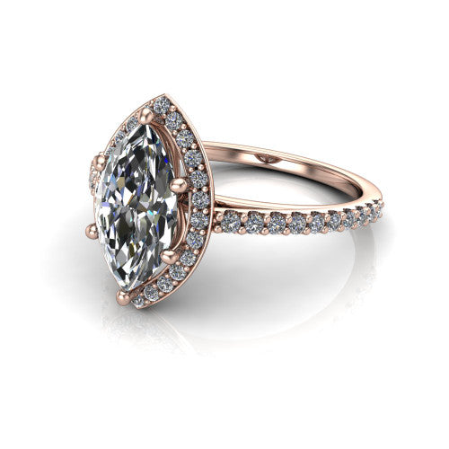 Oaklyn marquise halo engagement ring in 14K Rose Gold, three-quarter perspective showing the brilliant marquise center diamond inside a pave halo on pave-set shoulders rising into a cathedral basket