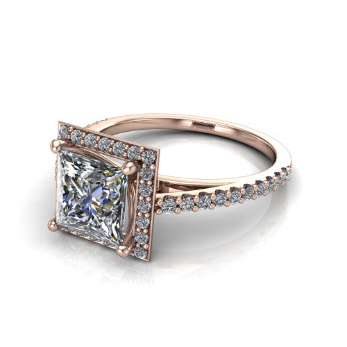 Oaklyn princess halo engagement ring in 14K Rose Gold, three-quarter perspective showing the brilliant princess-cut center diamond inside a pave halo on pave-set shoulders rising into a cathedral basket