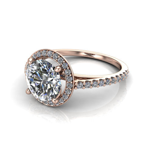 Oaklyn round halo engagement ring in 18K Rose Gold, three-quarter perspective showing the brilliant round center diamond inside a pave halo on pave-set shoulders rising into a cathedral basket