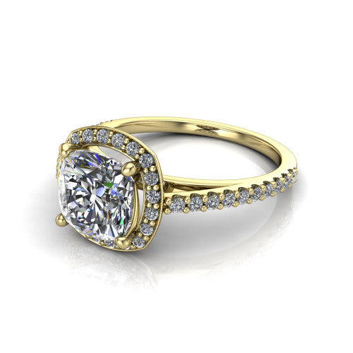 Oaklyn cushion halo engagement ring in 14K Yellow Gold, three-quarter perspective showing the brilliant cushion-cut center diamond inside a pave halo on pave-set shoulders rising into a cathedral basket